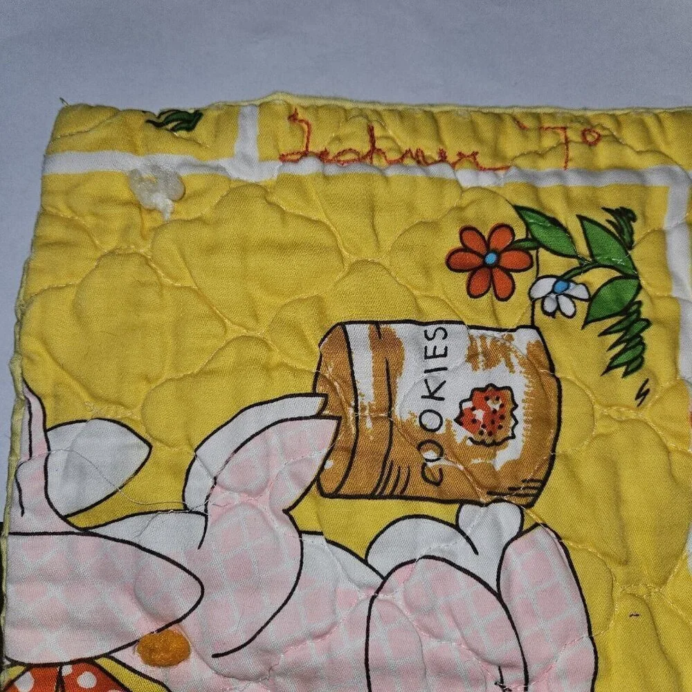 VTG Handmade Yellow Blanket Anthropomorphic Animal Dog Bunny Squirrel 40x48 READ